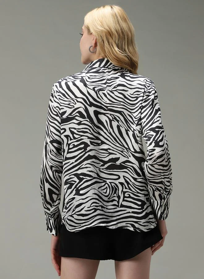 Outzidr  Black Animal Print Satin Shirt for Women | Best Price UAE