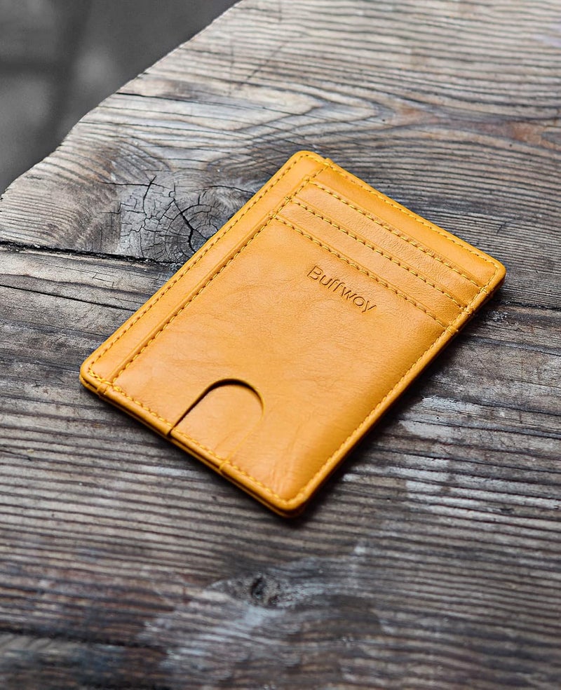 Buffway Slim Minimalist Front Pocket RFID Blocking Leather Wallets for Men and Women - Alaska Yellow - Image 4