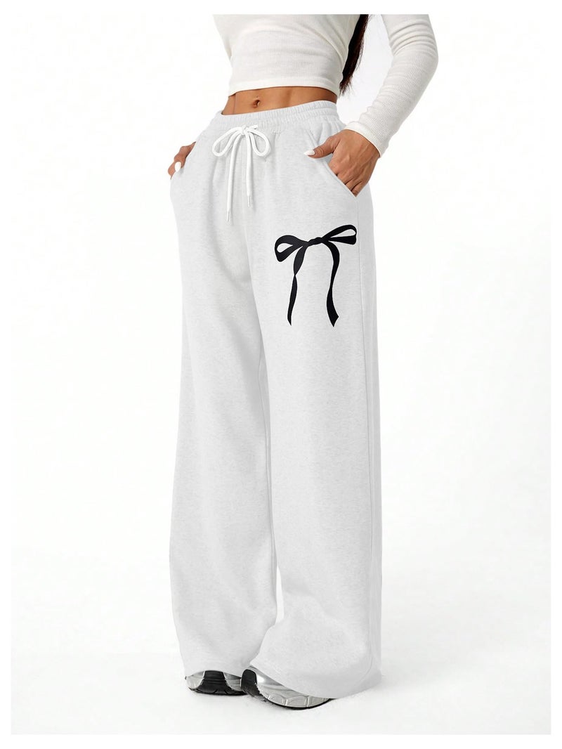 Verdusa Girl's Bowknot Baggy Sweatpants Lightweight Straight Leg Athletic Pants with Pockets Solid White 12 Years - Image 5