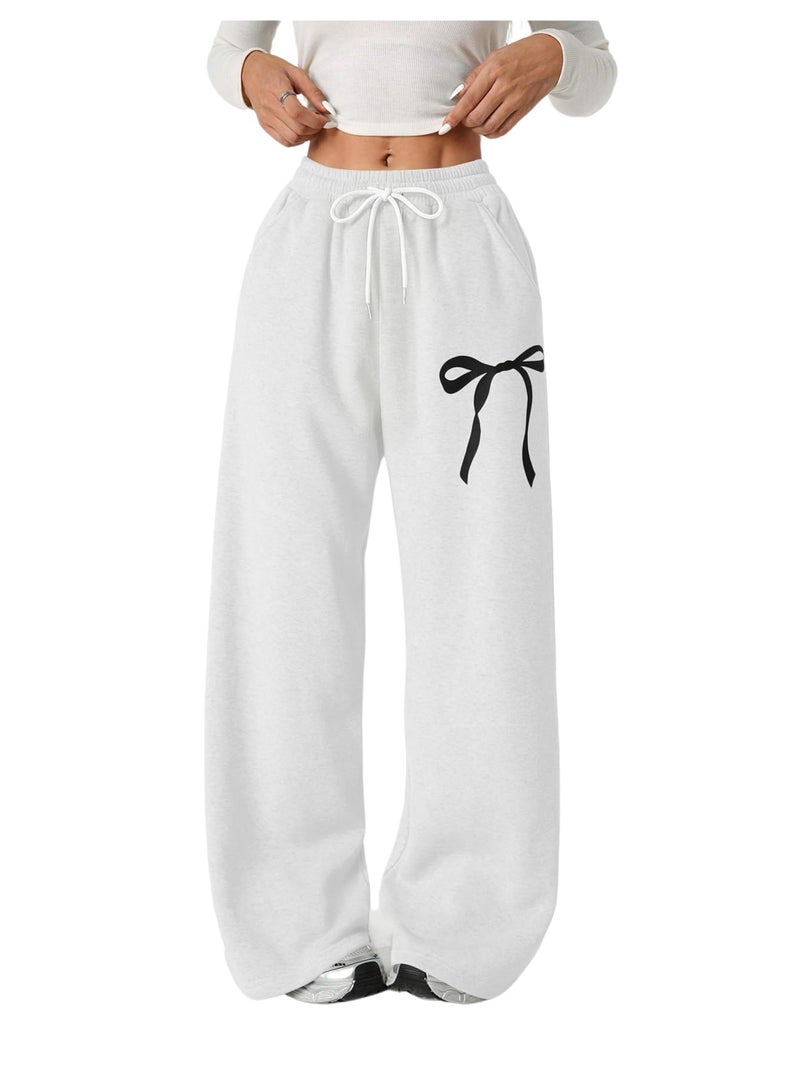 Verdusa Girl's Bowknot Baggy Sweatpants Lightweight Straight Leg Athletic Pants with Pockets Solid White 12 Years - Image 1