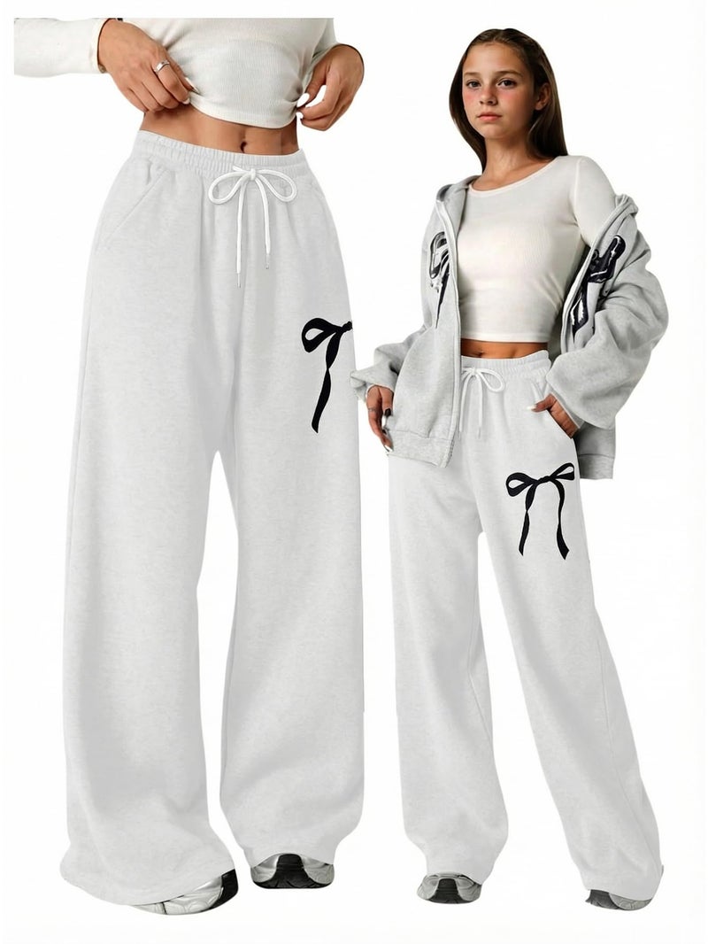 Verdusa Girl's Bowknot Baggy Sweatpants Lightweight Straight Leg Athletic Pants with Pockets Solid White 12 Years - Image 3