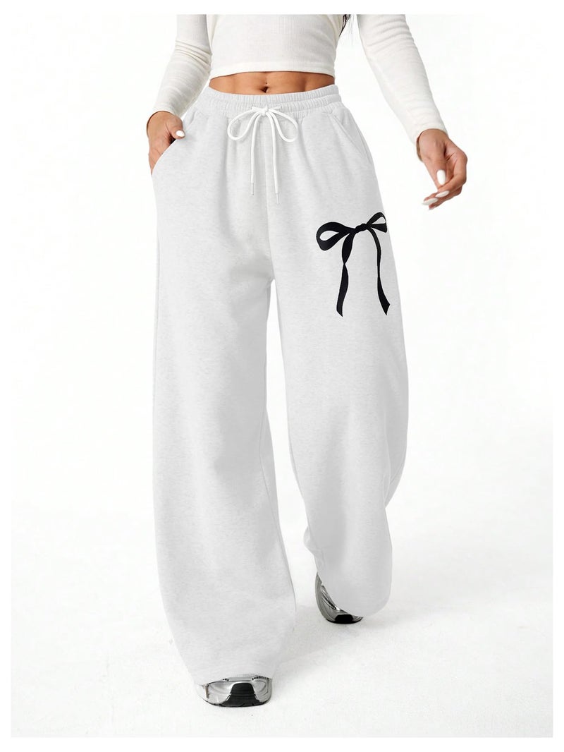 Verdusa Girl's Bowknot Baggy Sweatpants Lightweight Straight Leg Athletic Pants with Pockets Solid White 12 Years - Image 4