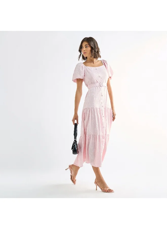 FAV Floral Textured Tiered Maxi Dress with Short Puff Sleeves and Square Neck