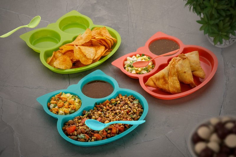 Kitchwish Owl Shape Plates 6 With Suction Base Attractive Self Feeding Plate With Spoon For Kids Virgin Plastic Food Grade Material Dinner PlatesSectioned Plates Cartoon Multicolored - Image 2