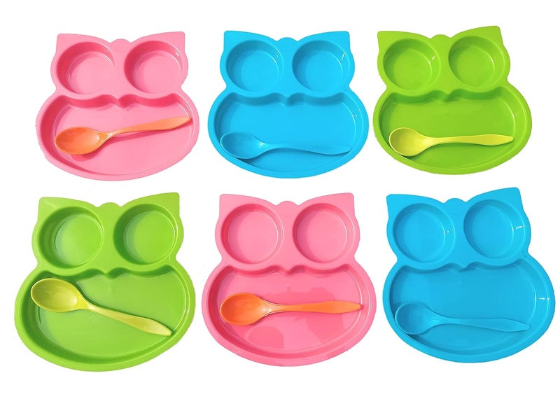 Kitchwish Owl Shape Plates 6 With Suction Base Attractive Self Feeding Plate With Spoon For Kids Virgin Plastic Food Grade Material Dinner PlatesSectioned Plates Cartoon Multicolored - Image 1