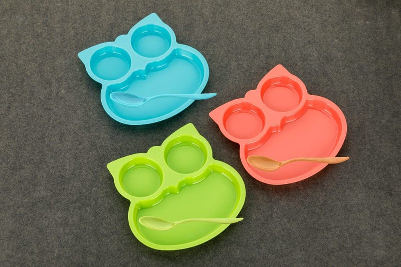 Kitchwish Owl Shape Plates 6 With Suction Base Attractive Self Feeding Plate With Spoon For Kids Virgin Plastic Food Grade Material Dinner PlatesSectioned Plates Cartoon Multicolored - Image 3