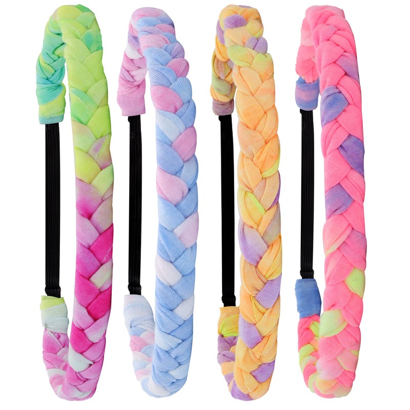 FROG SAC 4 Braided Headbands for Girls, Adjustable Rainbow Tie Dye Braid Head Bands for Kids, Stretch Elastic Cloth Fabric Hairbands Accessories for Women, Teen Easter Basket Fillers Stocking Stuffers - Image 1