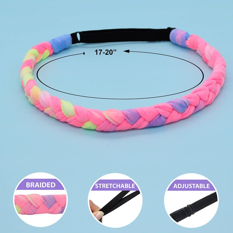 FROG SAC 4 Braided Headbands for Girls, Adjustable Rainbow Tie Dye Braid Head Bands for Kids, Stretch Elastic Cloth Fabric Hairbands Accessories for Women, Teen Easter Basket Fillers Stocking Stuffers - Image 4