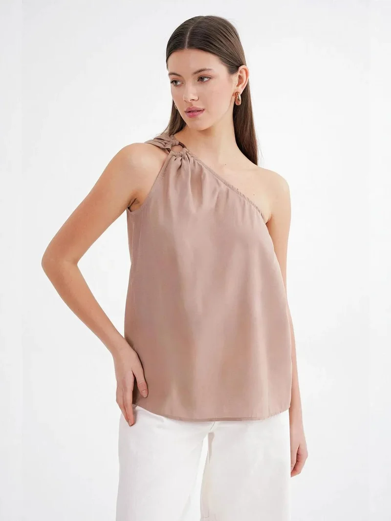 MixRay Camel Brown Mixray Asymmetrical Collar Accessory Detailed Top for Women | Best Price UAE
