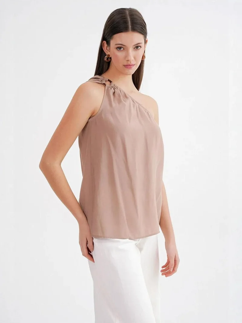 MixRay Camel Brown Mixray Asymmetrical Collar Accessory Detailed Top for Women | Best Price UAE