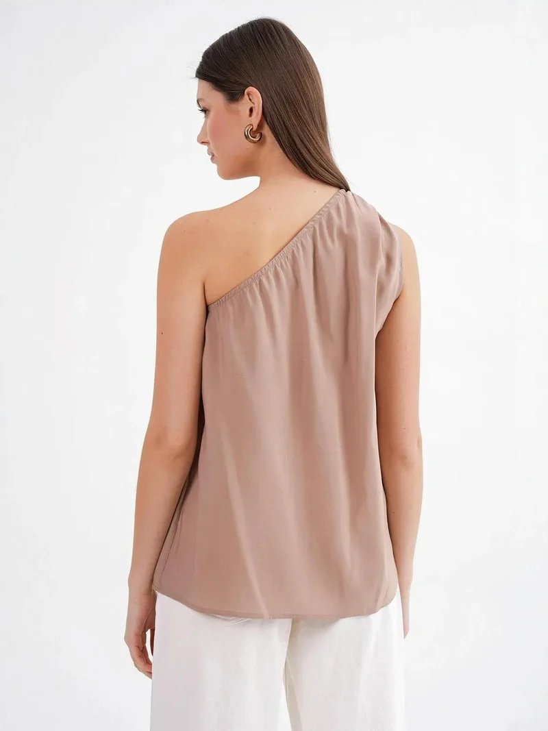 MixRay Camel Brown Mixray Asymmetrical Collar Accessory Detailed Top for Women | Best Price UAE