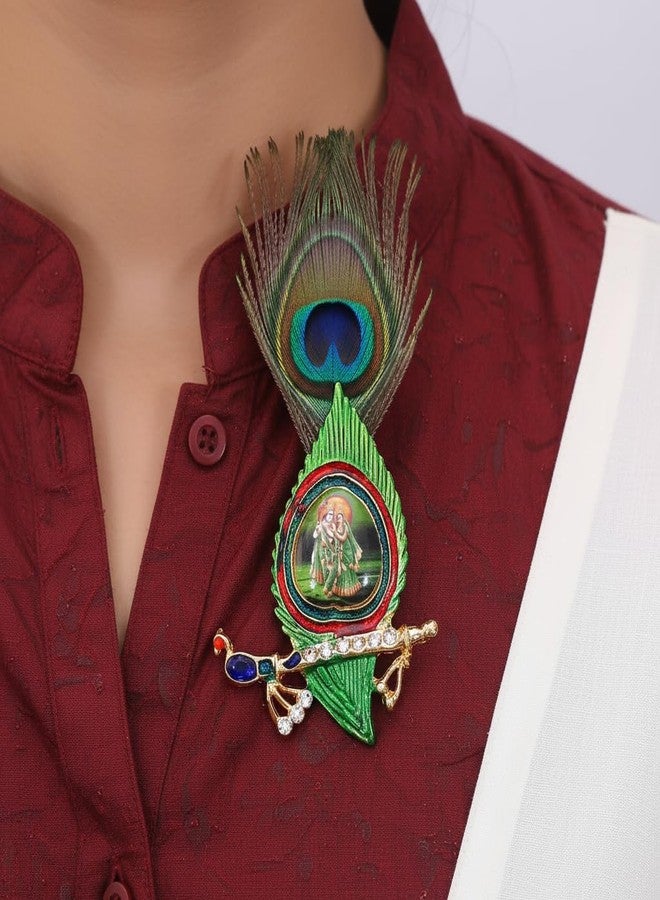 SRC Creations Radha Krishna Mor Pankh Bansuri Brooch with Peacock Feather Stylish Pack of 10 Pcs - Image 2
