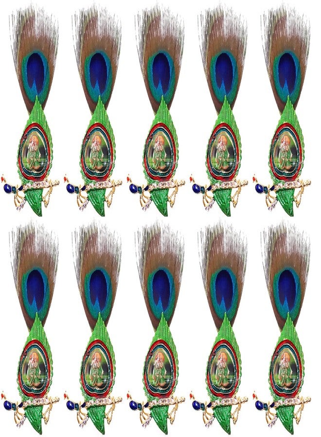 SRC Creations Radha Krishna Mor Pankh Bansuri Brooch with Peacock Feather Stylish Pack of 10 Pcs - Image 1