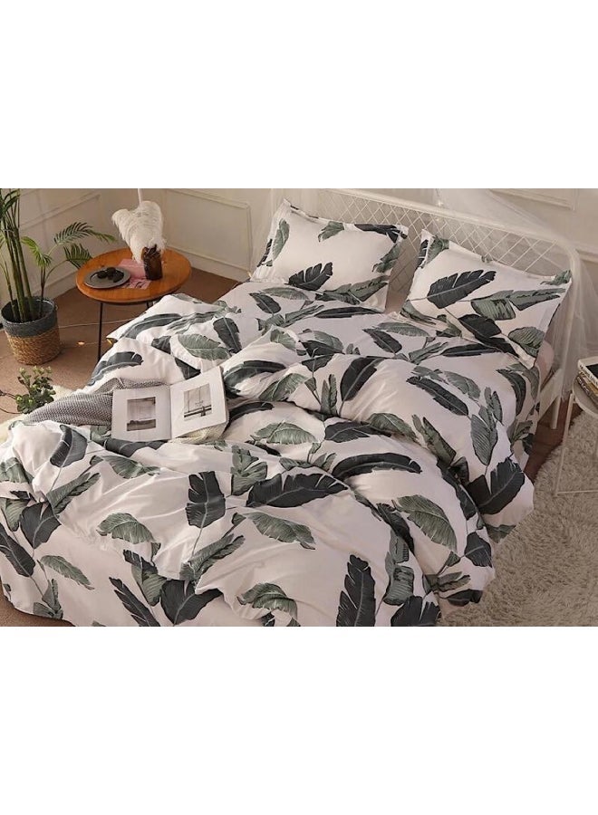 NIBEMINENT 4-Piece Leaves Printed Bedding Set White/Green Single