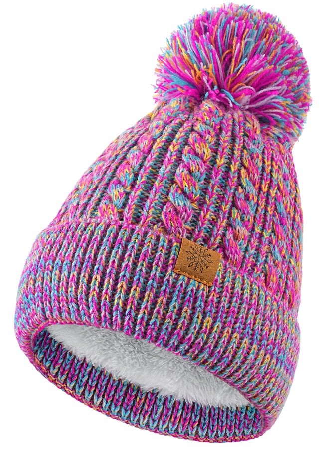 Clothclose Winter Hats for Kids - Kids Beanie, Toddler Knit Girls Winter Hat with Cute Pom-Pom Warm Fleece, Knit Girls Hat, Purple and Red - Image 1