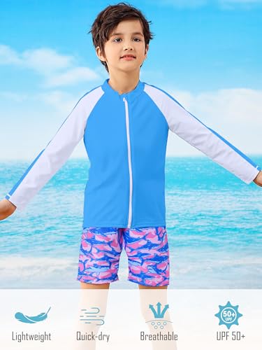 SunFocus 4t 5t Boys Swim Set Two Piece Bathing Suit Kid Rash Guard Blue Swimwear Long Sleeve Zipper Swimsuit Swim Trunks with Shirt Purple Shark - Image 2