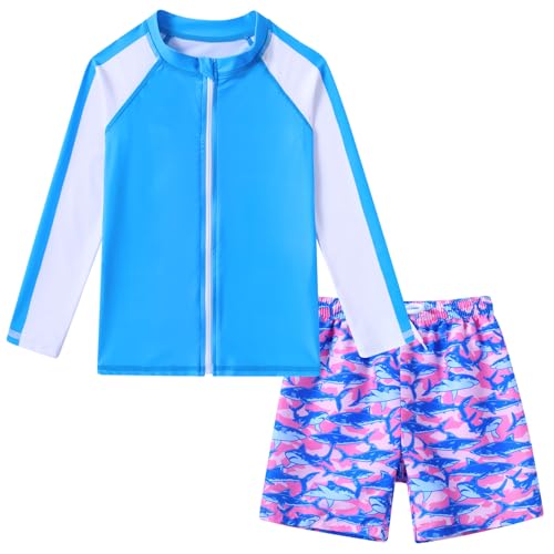 SunFocus 4t 5t Boys Swim Set Two Piece Bathing Suit Kid Rash Guard Blue Swimwear Long Sleeve Zipper Swimsuit Swim Trunks with Shirt Purple Shark - Image 4