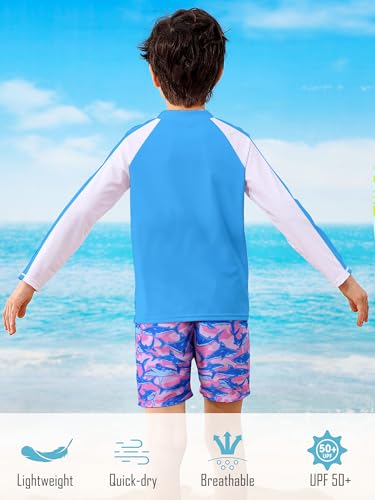 SunFocus 4t 5t Boys Swim Set Two Piece Bathing Suit Kid Rash Guard Blue Swimwear Long Sleeve Zipper Swimsuit Swim Trunks with Shirt Purple Shark - Image 5