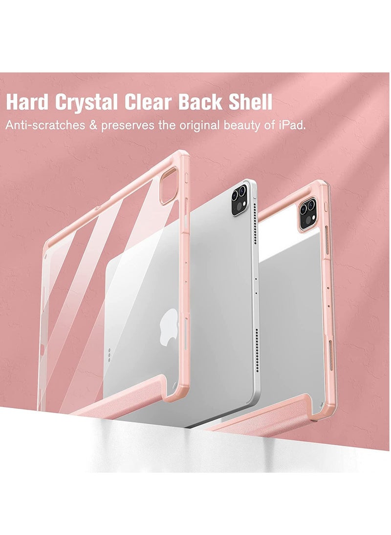 Hybrid Slim Case for iPad Pro 12.9-inch 6th Generation 2022, Built-in Pencil Holder, Shockproof Cover with Clear Transparent Back Shell with Screen Protector (Pink)