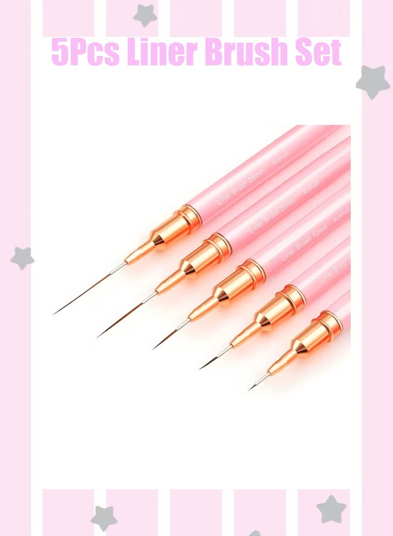 Metallic Nail Art Brushes, 5Pcs Liner Brush Set, UV Gel Polish Painting Art Design Pen for Long Lines, Thin Details, Fine Drawing Sizes 4/8/12/20/25mm(Pink) - Image 1