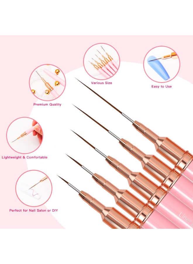 Metallic Nail Art Brushes, 5Pcs Liner Brush Set, UV Gel Polish Painting Art Design Pen for Long Lines, Thin Details, Fine Drawing Sizes 4/8/12/20/25mm(Pink) - Image 5