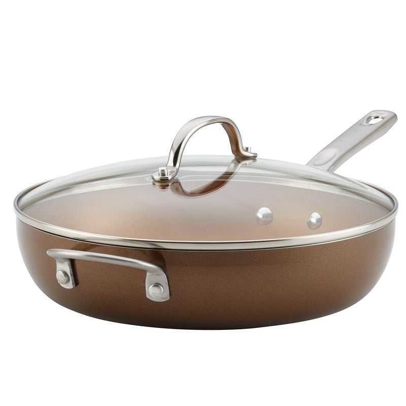Ayesha Ayesha Curry Home Collection Porcelain Enamel Nonstick Covered Deep Skillet With Helper Handle 12 Inch Frying Pan Glass Lid Brown Sugar