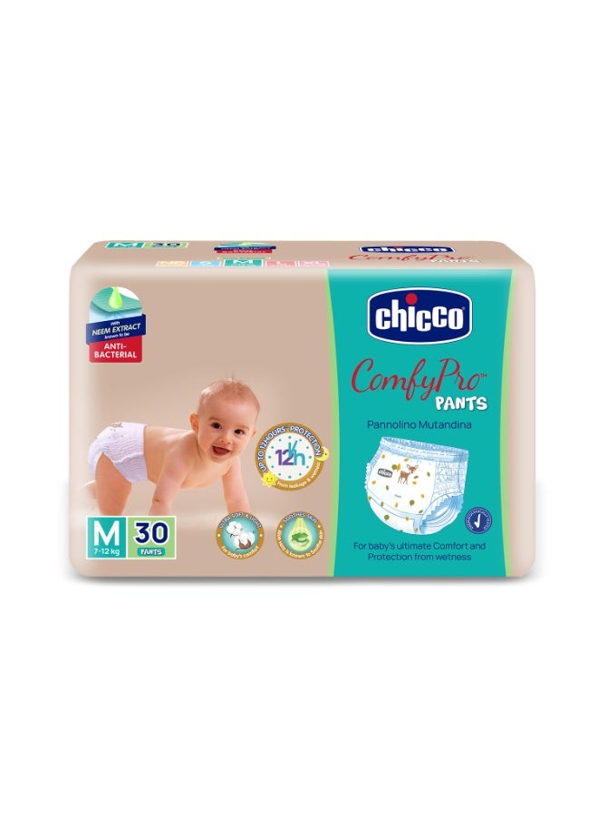 Chicco Comfy-Pro Pant Style Baby Diapers | Anti-bacterial benefits | Ultra Soft & 12hrs protection | Wetness indicator & Disposing Tapes - Medium, 30 Count, 7-12 Kg - Image 1