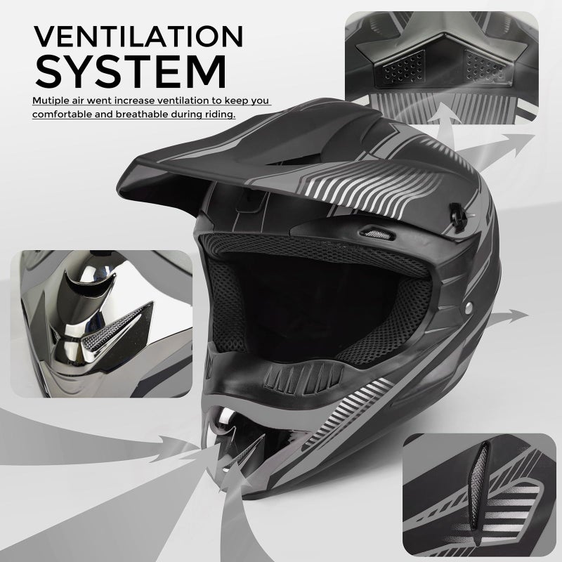 SanQing Motocross Helmet,Youth & Adult ATV Dirt Bike Motorcycle, Kids BMX 4-Wheeler Off-Road Mountain Bike Helmet,DOT Certified,W/Gloves Goggles Mask 4-Piece Set (Gray, Large) - Image 5