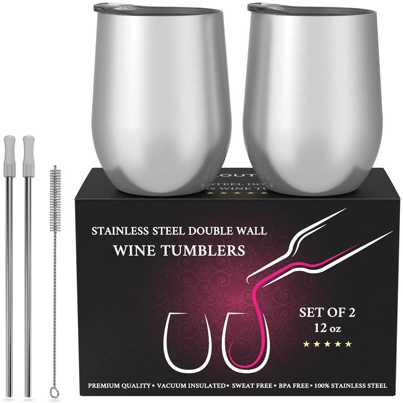 CHILLOUT LIFE Stainless Steel Wine Tumblers 2 Pack 12 oz - Double Wall Vacuum Insulated Wine Cups with Lids and Straws Set for Coffee  Wine  Cocktails (Stainless Steel) - Image 2