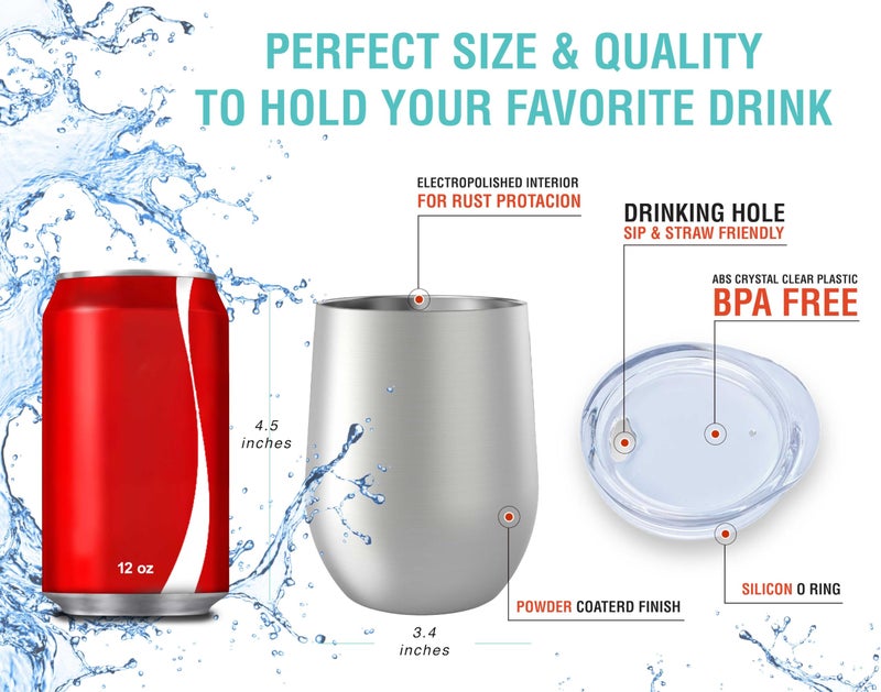 CHILLOUT LIFE Stainless Steel Wine Tumblers 2 Pack 12 oz - Double Wall Vacuum Insulated Wine Cups with Lids and Straws Set for Coffee  Wine  Cocktails (Stainless Steel) - Image 4