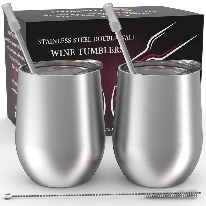 CHILLOUT LIFE Stainless Steel Wine Tumblers 2 Pack 12 oz - Double Wall Vacuum Insulated Wine Cups with Lids and Straws Set for Coffee  Wine  Cocktails (Stainless Steel) - Image 1