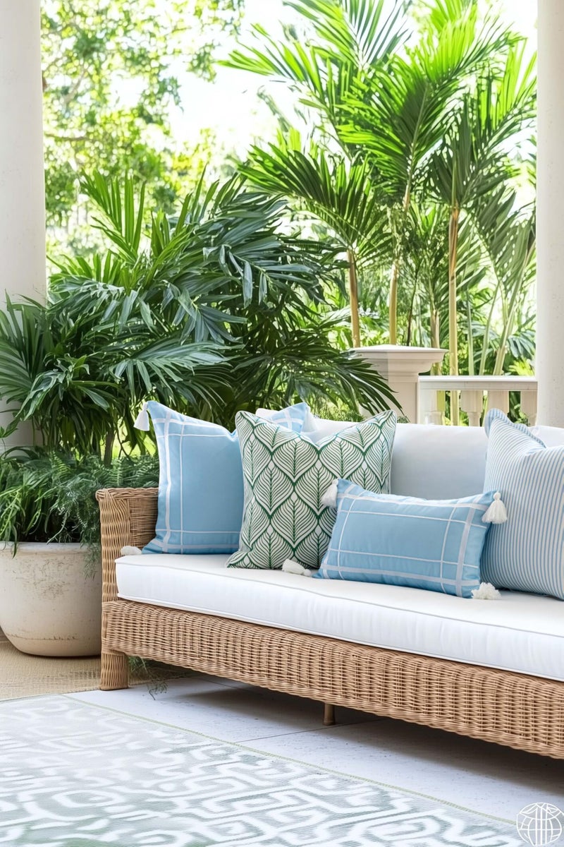 Hofdeco Premium Coastal Patio Indoor Outdoor Throw Pillow Cover Only, 20"x20" Water Repellent for Backyard, Couch, Green Print Geometric Leafs - Image 3