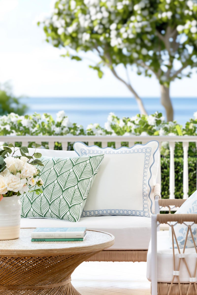 Hofdeco Premium Coastal Patio Indoor Outdoor Throw Pillow Cover Only, 20"x20" Water Repellent for Backyard, Couch, Green Print Geometric Leafs - Image 2