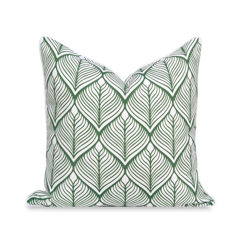 Hofdeco Premium Coastal Patio Indoor Outdoor Throw Pillow Cover Only, 20"x20" Water Repellent for Backyard, Couch, Green Print Geometric Leafs - Image 1