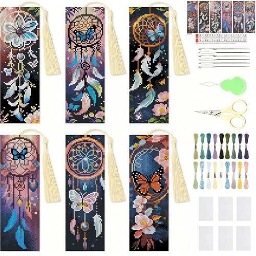 NEGEKFKX 6 Pcs Dreamcatcher Cross Stitch Bookmark Kit for Adult Beginners,Flowers Cross Stitch Kits 14 CT DIY Crossstitch Kits Adult Stamped Bookmark Embroidery Bookmarks Kit - Image 1