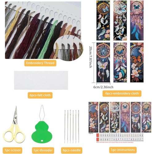 NEGEKFKX 6 Pcs Dreamcatcher Cross Stitch Bookmark Kit for Adult Beginners,Flowers Cross Stitch Kits 14 CT DIY Crossstitch Kits Adult Stamped Bookmark Embroidery Bookmarks Kit - Image 2