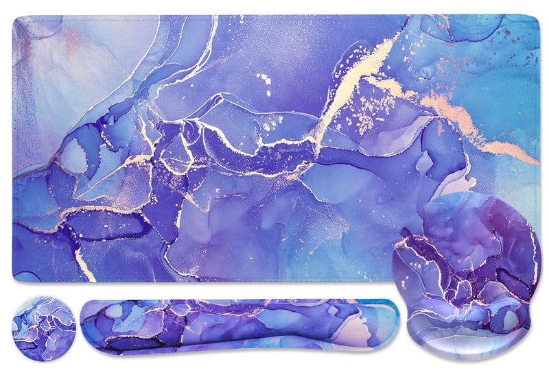 Yunoble 4-in-1 Gaming Mouse Pad Wrist Support Setï¼ŒDesk Pad + Mouse Pad with Wrist Rest + Keyboard Wrist Rest + Coaster, Ergonomic Design for Home Office Study Game - Purple Marble - Image 1