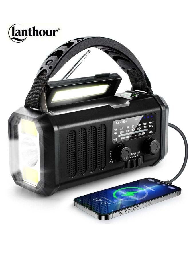 lanthour Portable Emergency Solar Radio 10000mAh Power Bank FM/AM Radio LED Flashlight Reading Light SOS Alarm Compass - Image 1