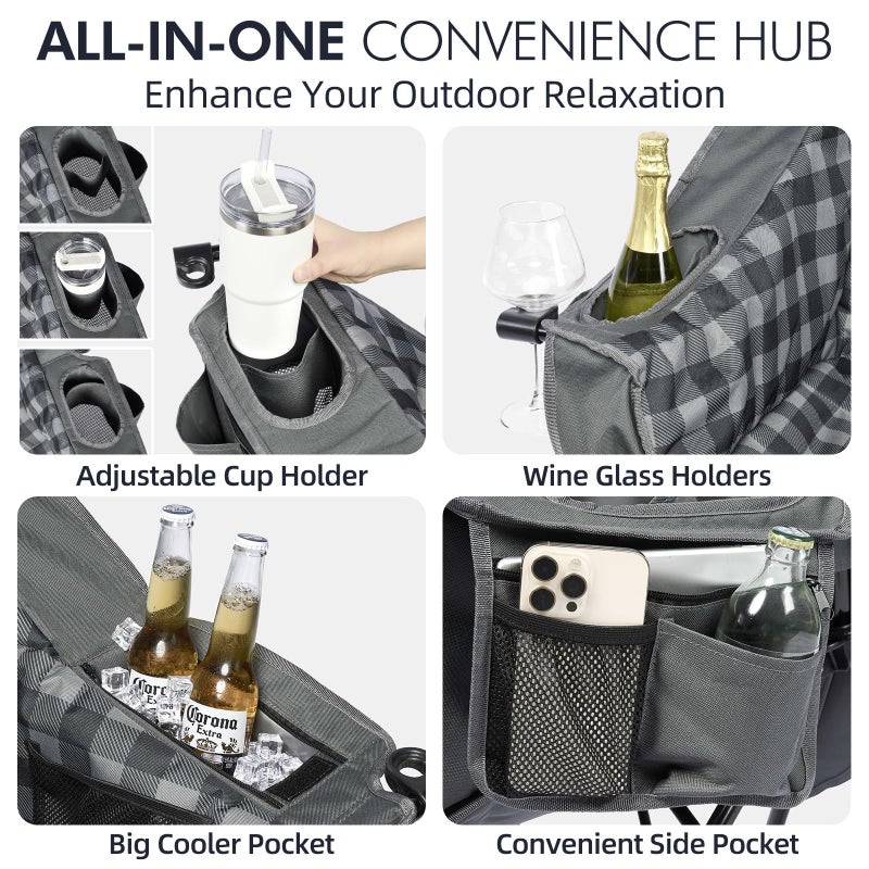PUVASIA كراسي تخييم كبيرة للبالغين - كرسي تخييم خارجي قابل للطي مع وسادة ثقيلة ومساند أكواب و جيوب مبردة للرياضات الخارجية والشاطئ والصيد والحديقة يدعم 500 رطل، رمادي - Image 4