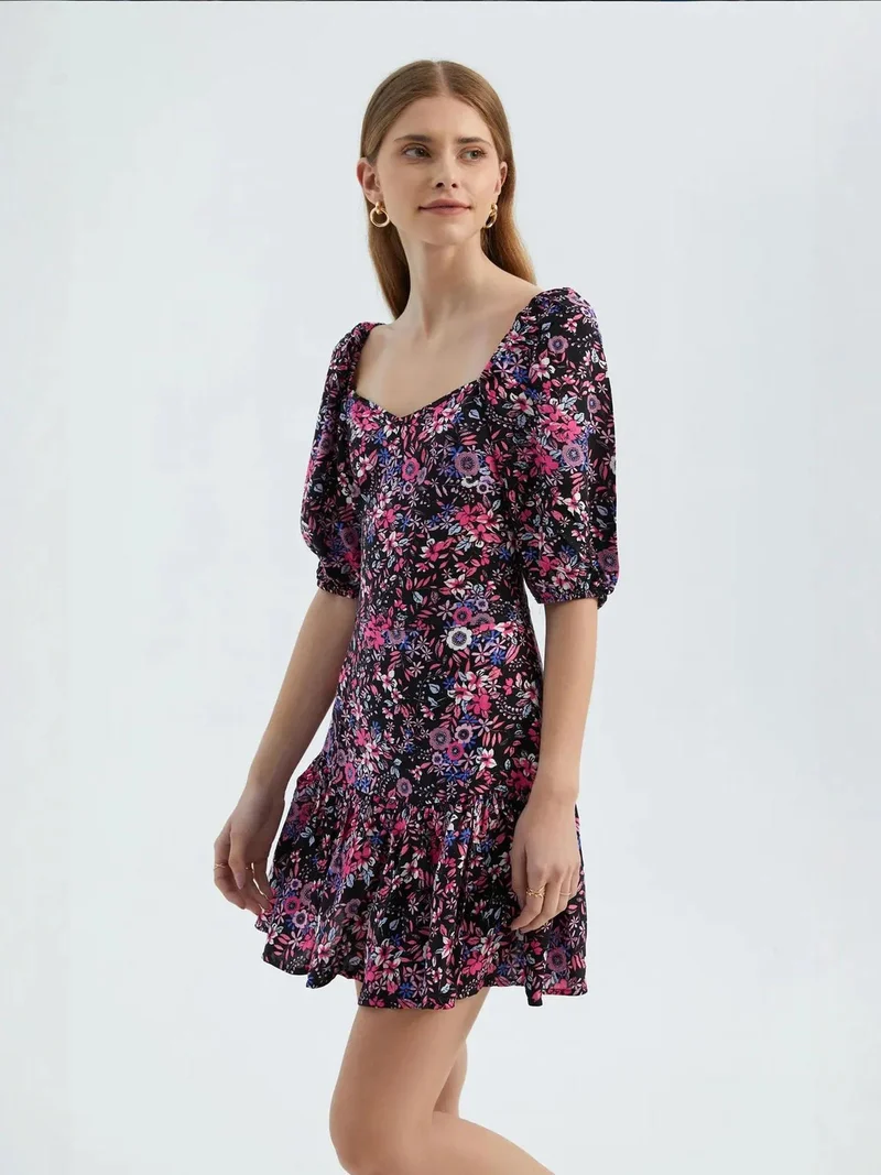 HICCUP Floral V Neck Ruffled Balloon Sleeves Mini Dress