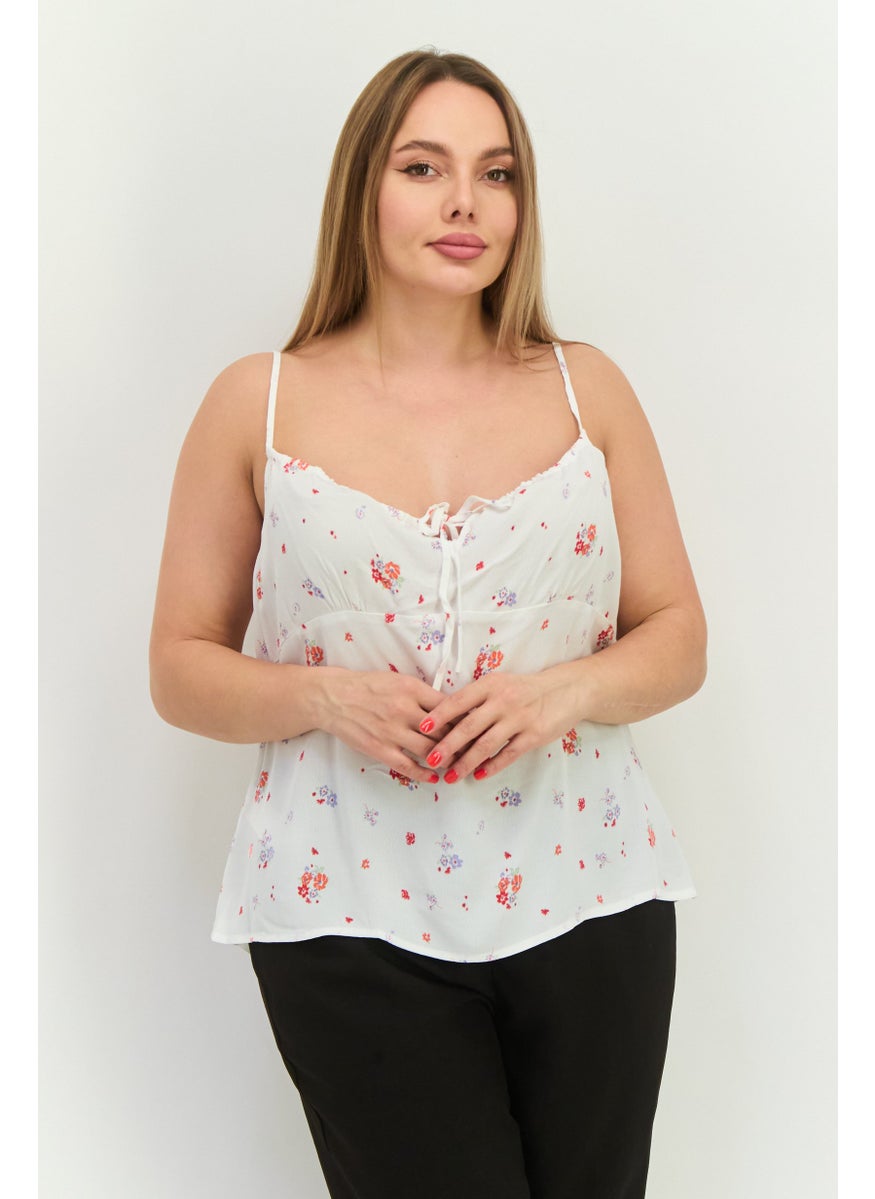 MANGO Women V-Neck Sleeveless Floral Top, White Combo  - Image 1
