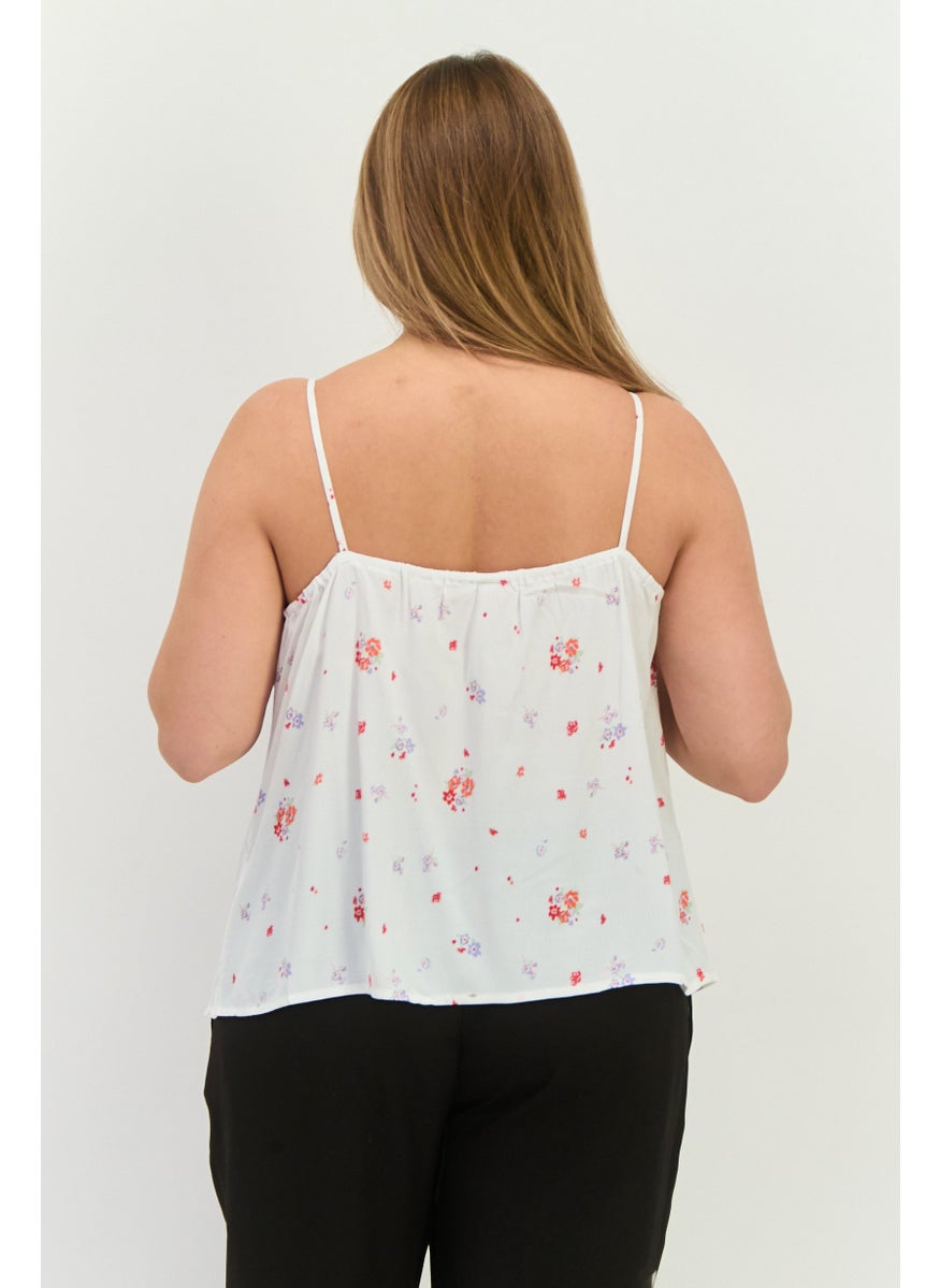 MANGO Women V-Neck Sleeveless Floral Top, White Combo  - Image 2