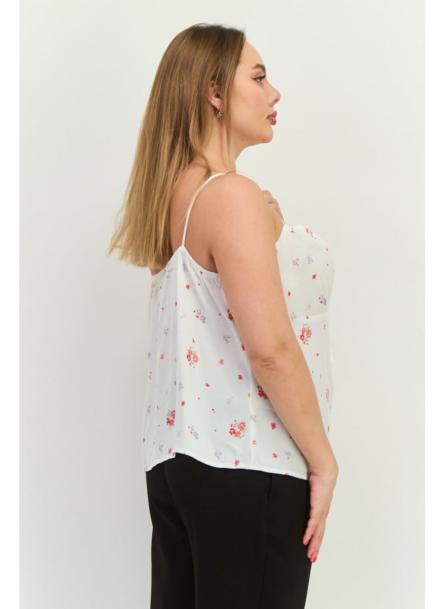MANGO Women V-Neck Sleeveless Floral Top, White Combo  - Image 3