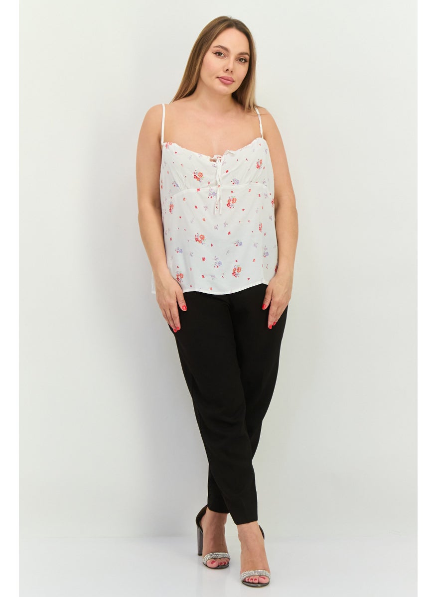 MANGO Women V-Neck Sleeveless Floral Top, White Combo  - Image 4