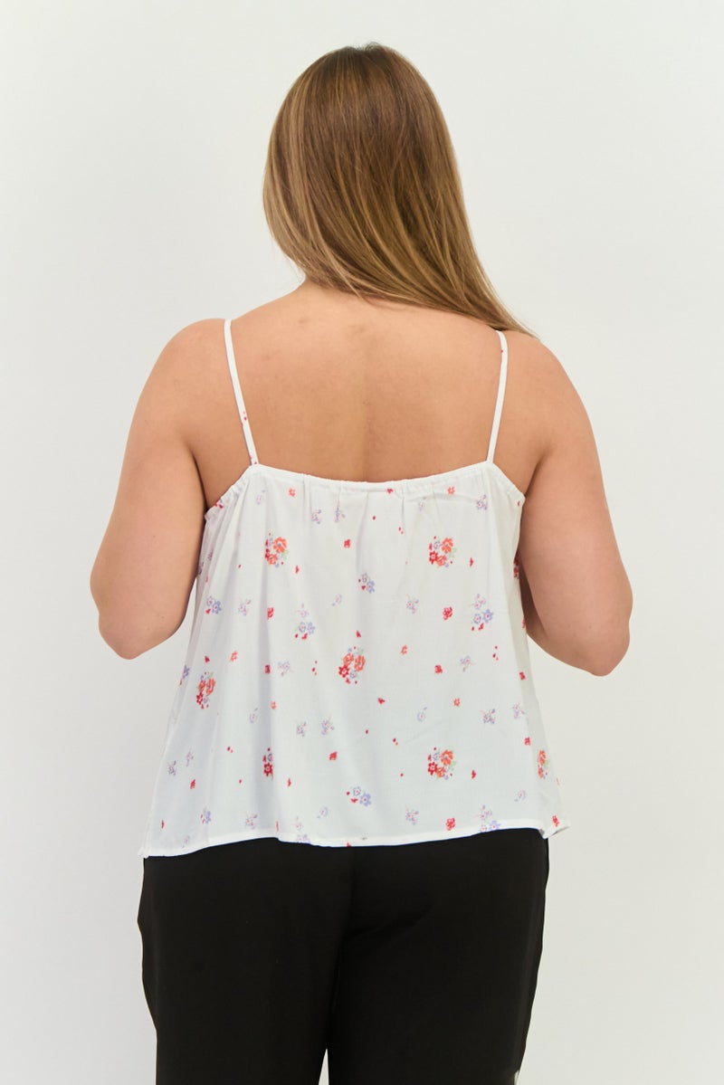MANGO Women V-Neck Sleeveless Floral Top, White Combo - Image 2