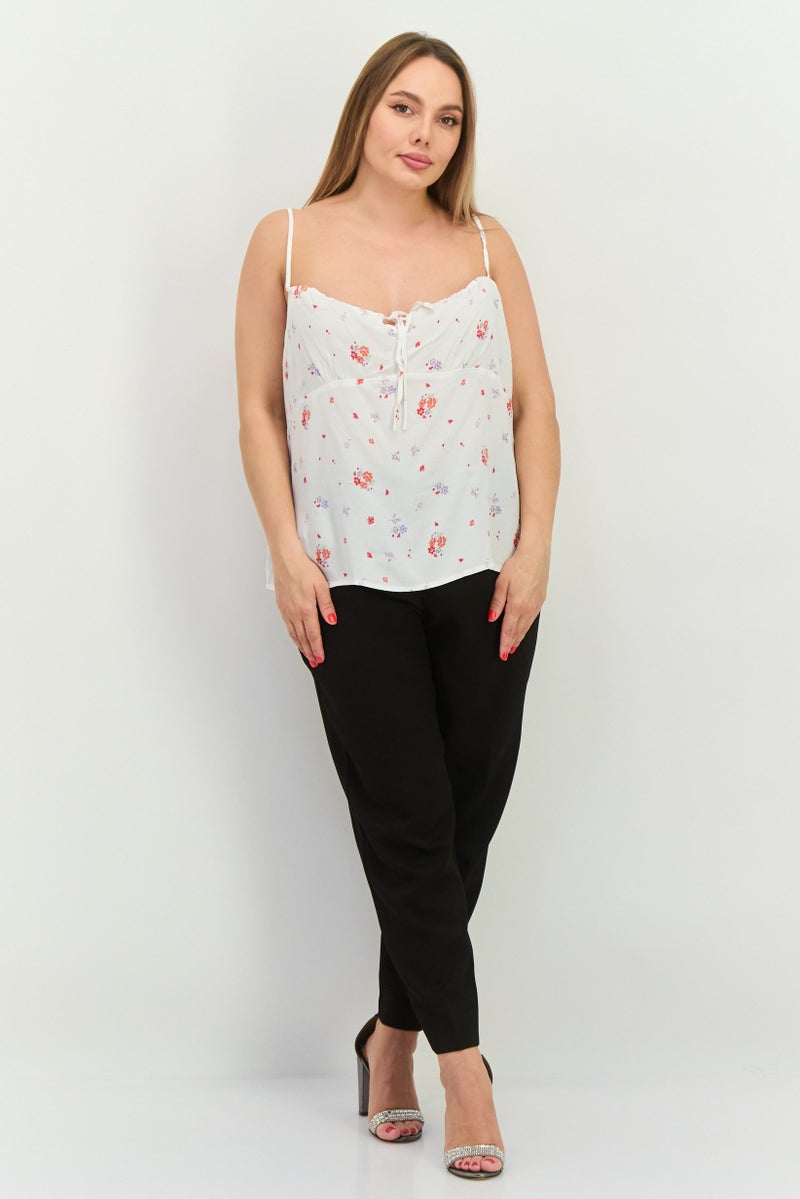 MANGO Women V-Neck Sleeveless Floral Top, White Combo - Image 4