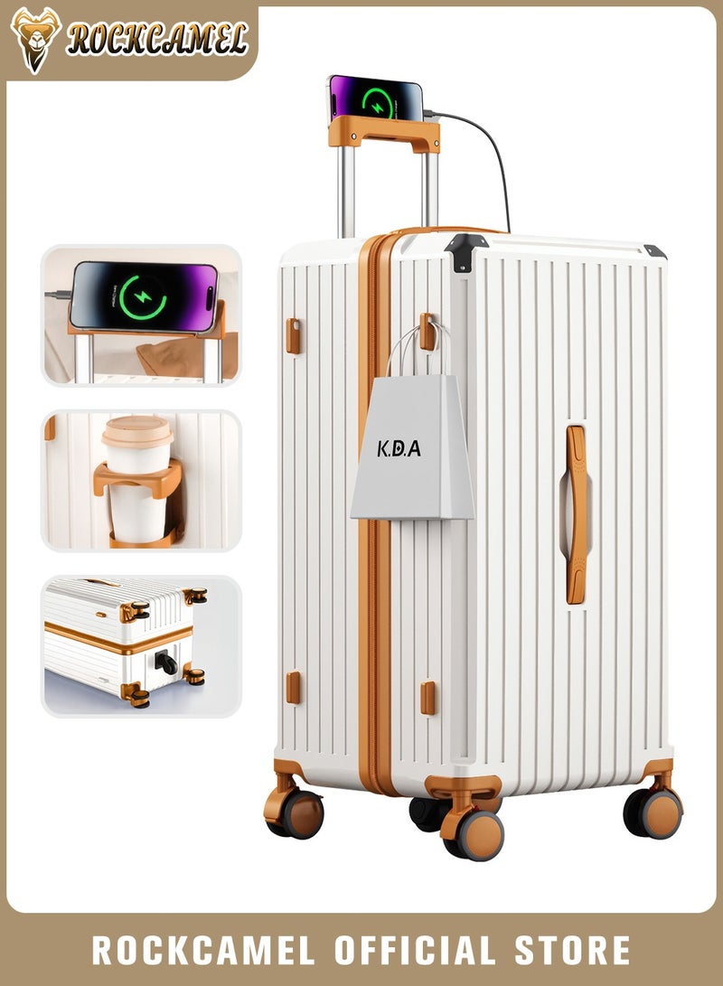 ROCKCAMEL حقيبة سفر 26 إنش بعجلات متطورة مقاومة للصدمات، بتصميم قابل للتوسيع 3:7، مع منفذ شحن USB، حاملة كوب وخطاف، وقفل سري، سعة كبيرة مناسبة للرجال والنساء - Image 1