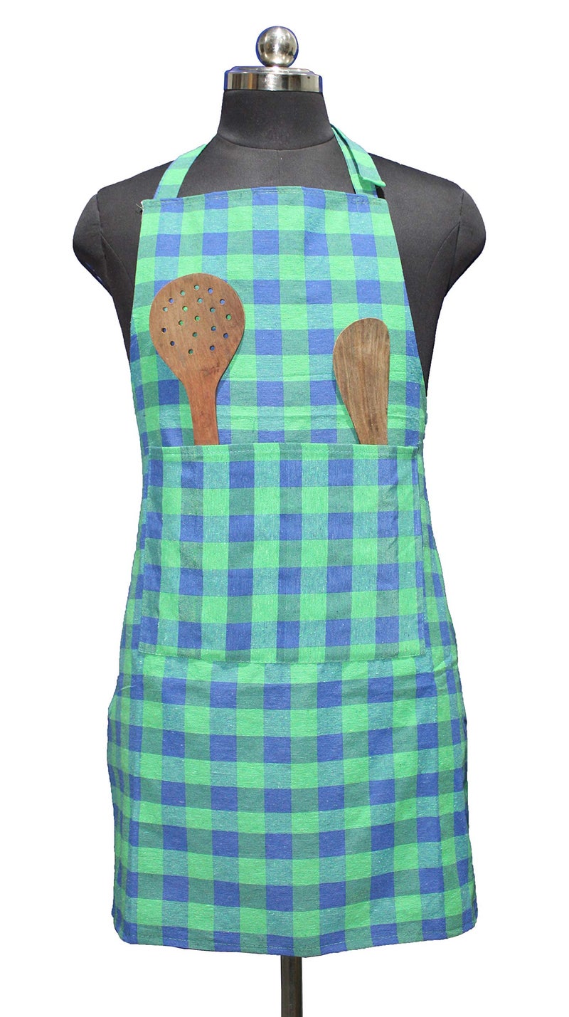 GLUN Waterproof Unisex Kitchen Apron Checkered with 2 Big Size Front Centre Pocket and Adjustable Neck Strap (Blue-Green) - Image 2