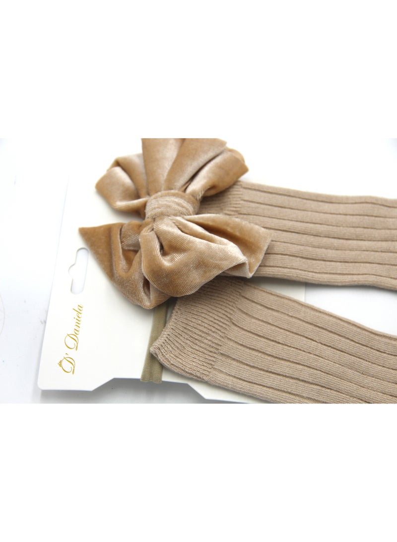 D'Daniela Mikha Socks & Ribbon Bow Set For Babies and Girls - Beige - Image 2