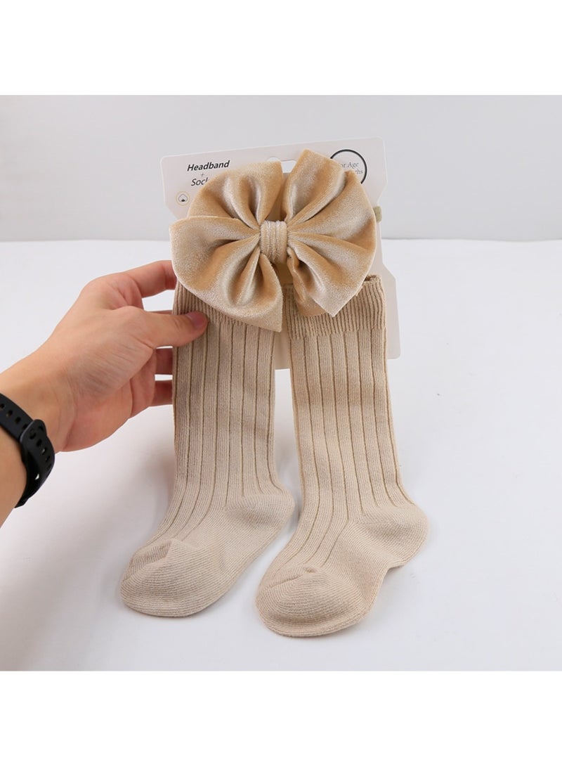 D'Daniela Mikha Socks & Ribbon Bow Set For Babies and Girls - Beige - Image 3
